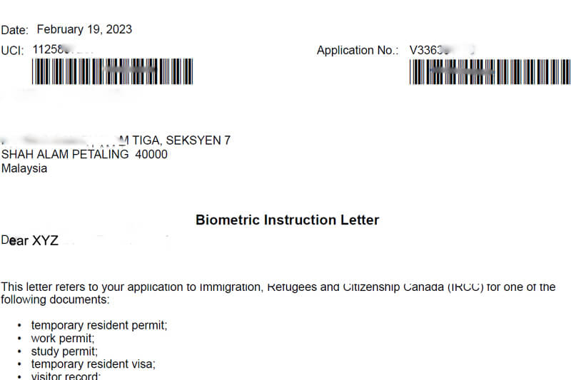 Biometrict instruction letter